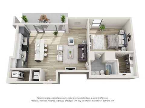 Floor plan for 1 bed, 1 bath, 1289 sqft